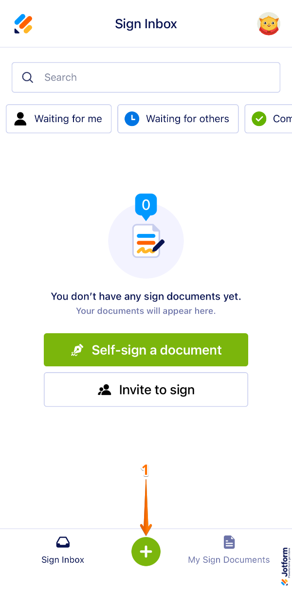 Jotform Sign Mobile App showing the Green Plus icon at the bottom of the screen for uploading a document