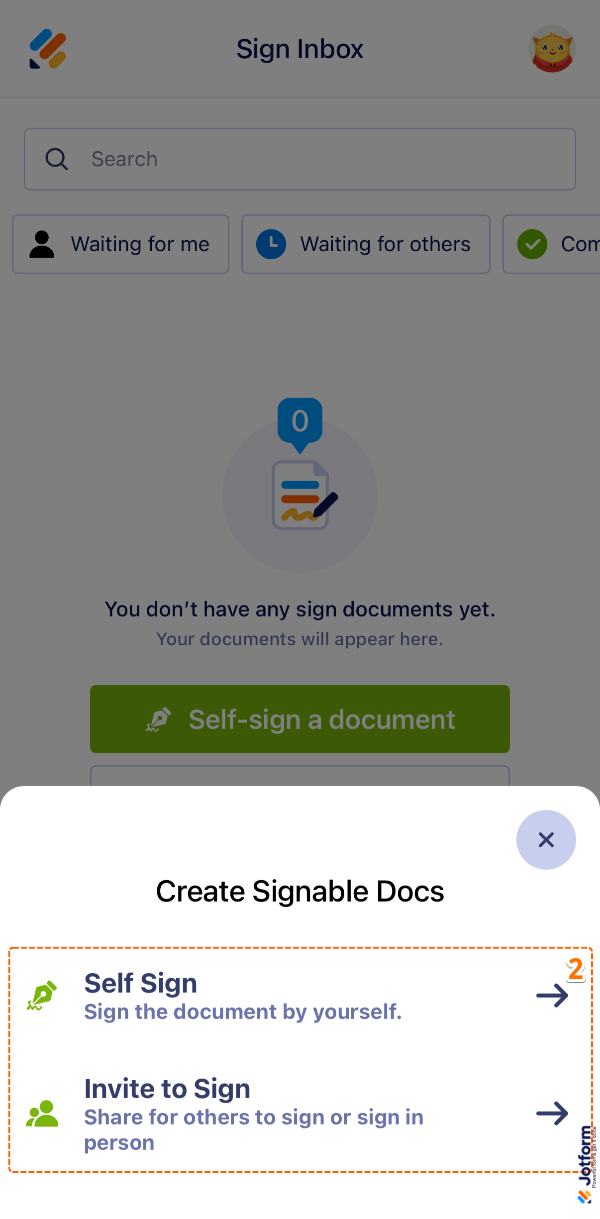 Jotform Sign Mobile App Create Signable Docs window showing options to Self Sign or Invite to Sign a document