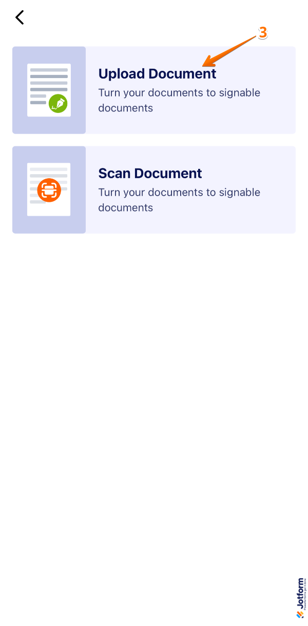 Jotform Sign Mobile App showing Upload Document button and selecting files from the device to upload