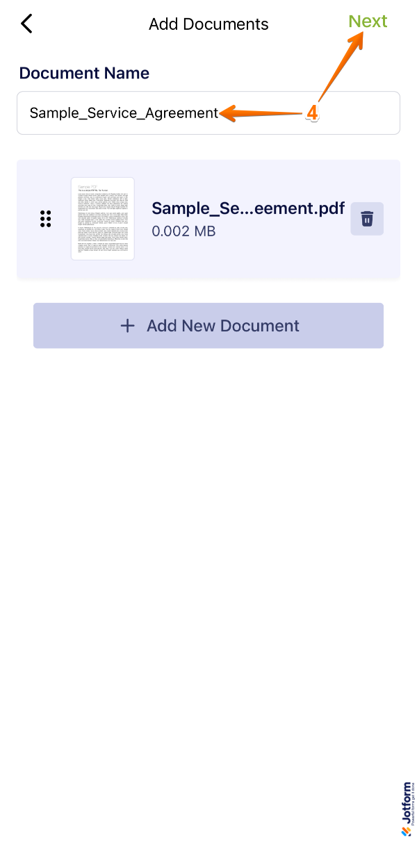 Jotform Sign Mobile App showing uploaded file with Document Name field and Next button in the top-right corner