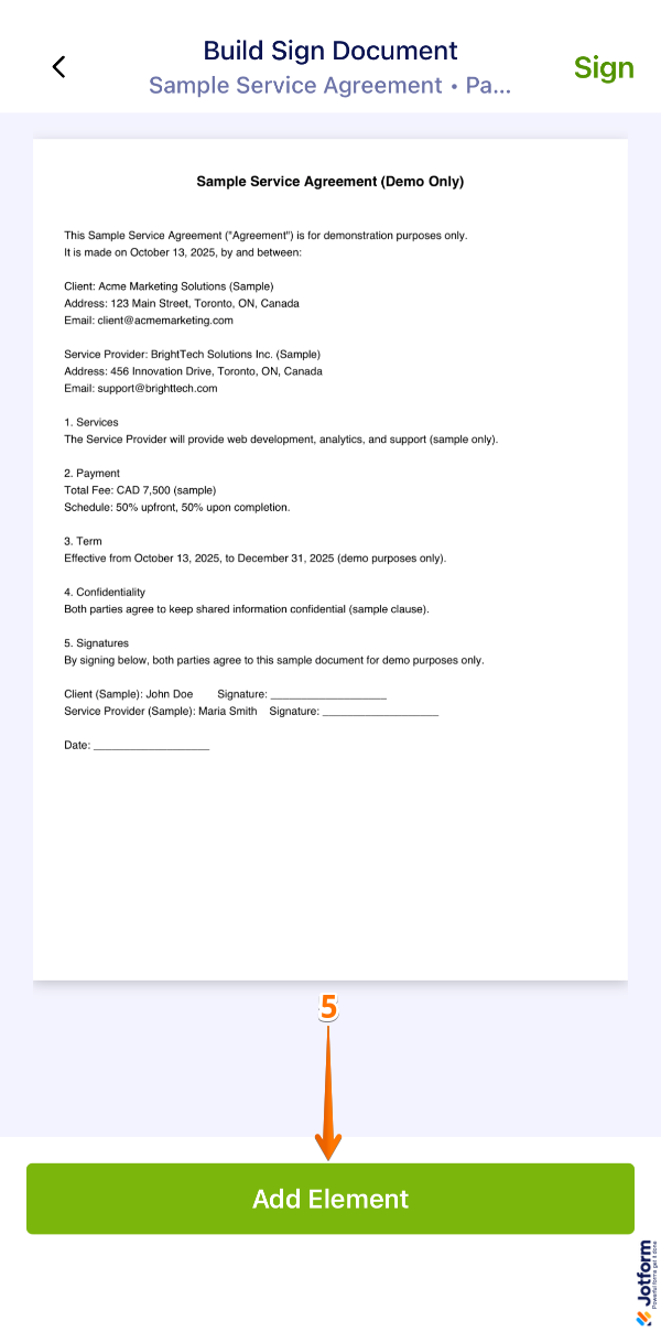 Jotform Sign Mobile App showing Add Element button at the bottom of the screen