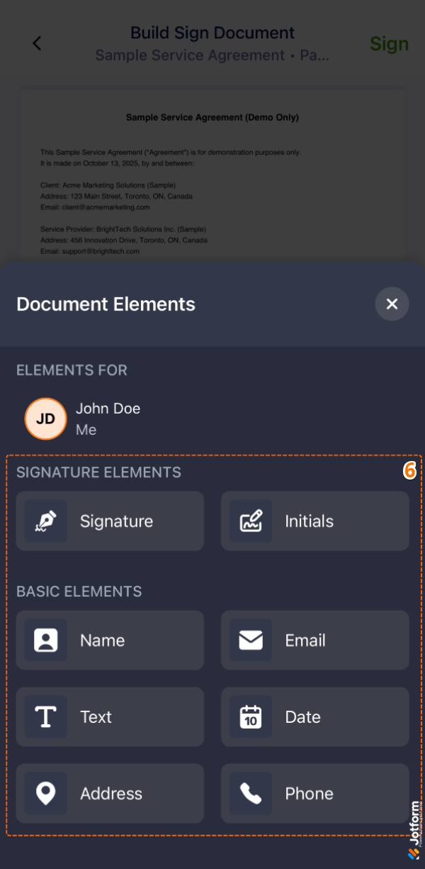 Jotform Sign Mobile App showing adding document elements, such as the Signature element
