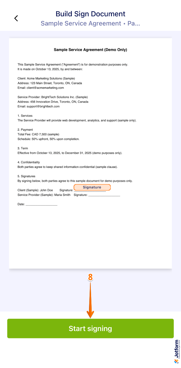 Tapping Start Signing at the bottom of the screen in the Jotform Sign Mobile App for self-signing