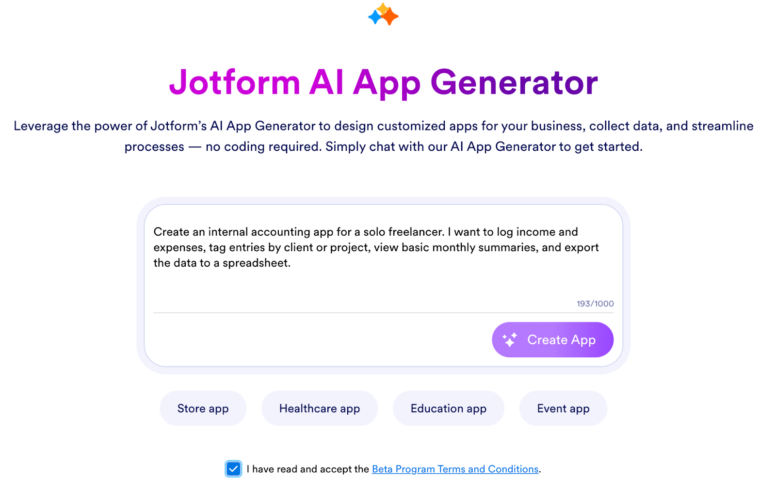 Entering a prompt to the Jotform AI App Generator