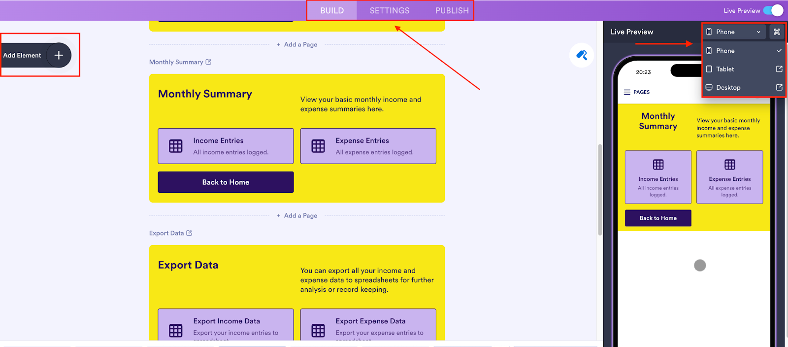 Viewing the tabs on the App Builder