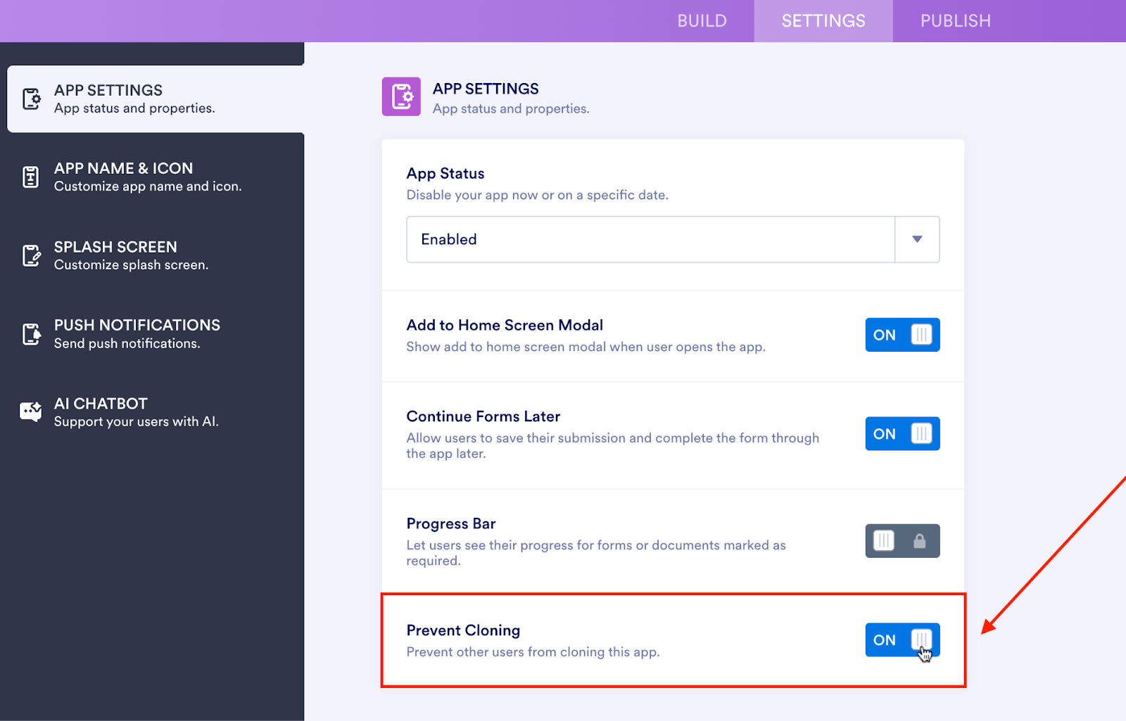 Toggling the Prevent Cloning option to On