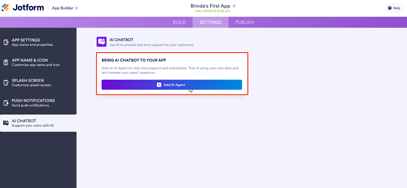 Clicking on the Add AI Agent button under the AI Chatbot option