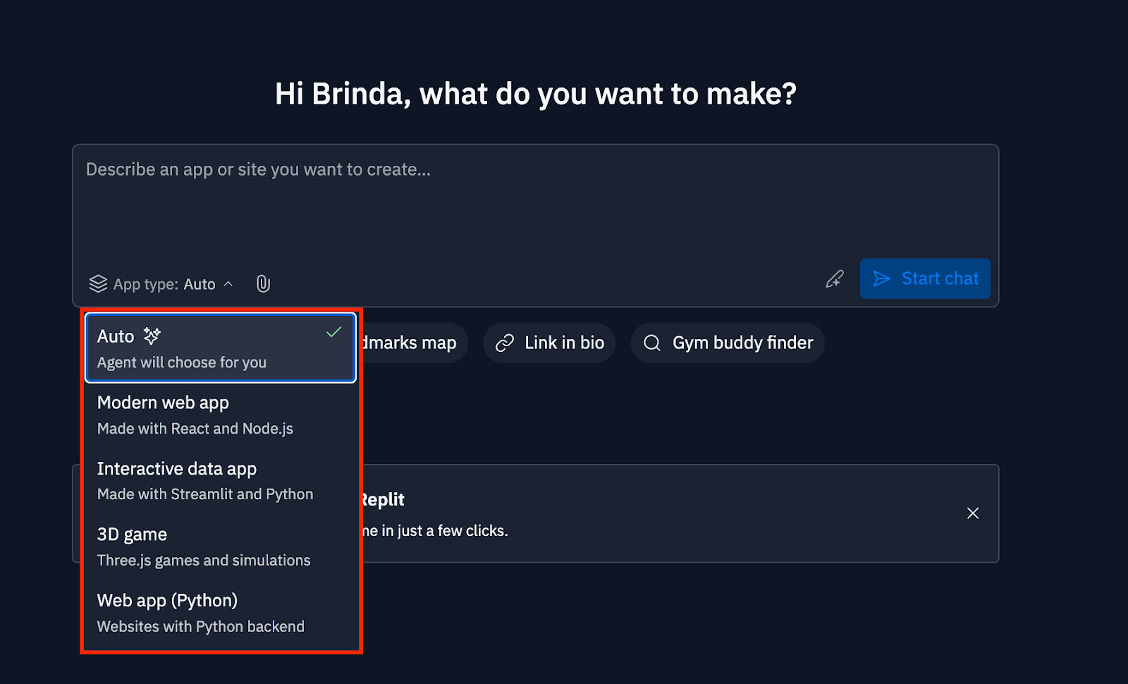 Selecting the App Type on Replit