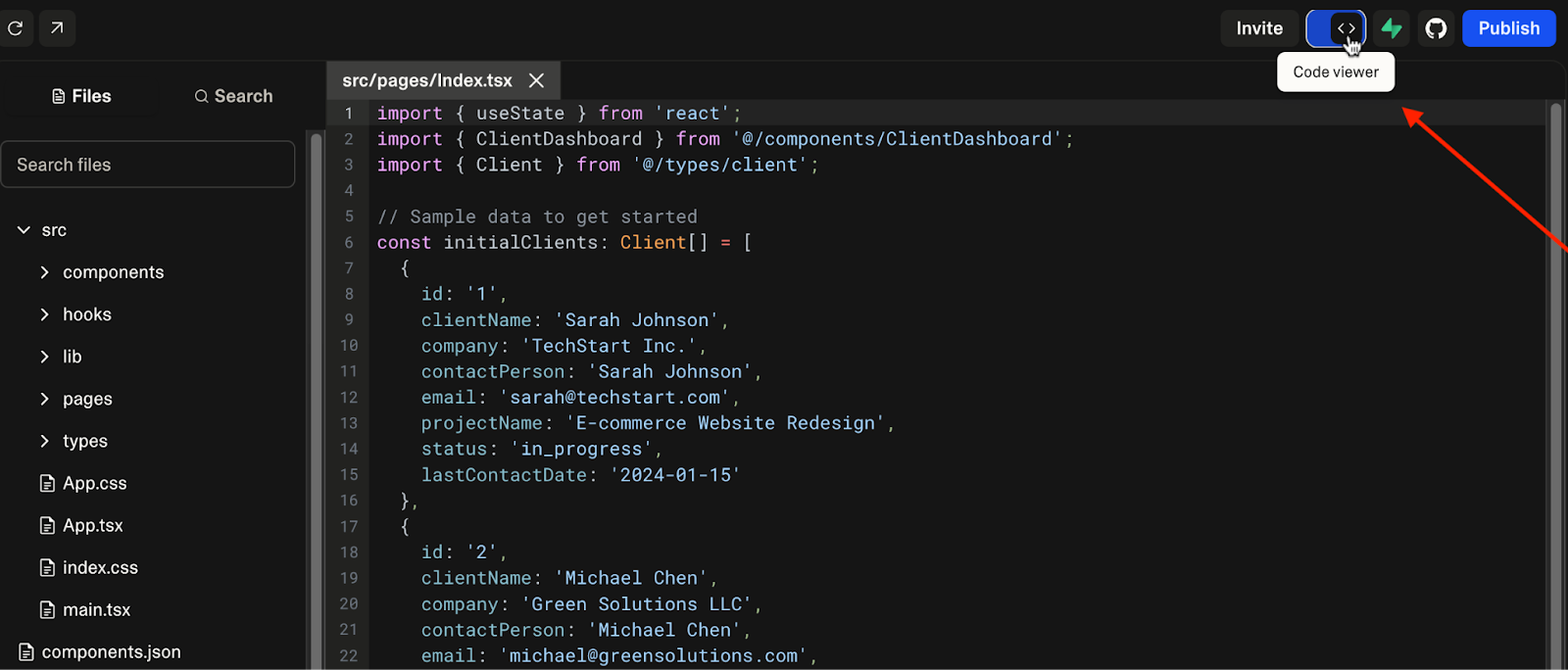 Clicking on the Code viewer button on Lovable