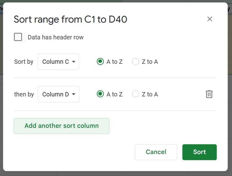 Google Sheets interface showing the advanced range sorting options and a button to add another sort column