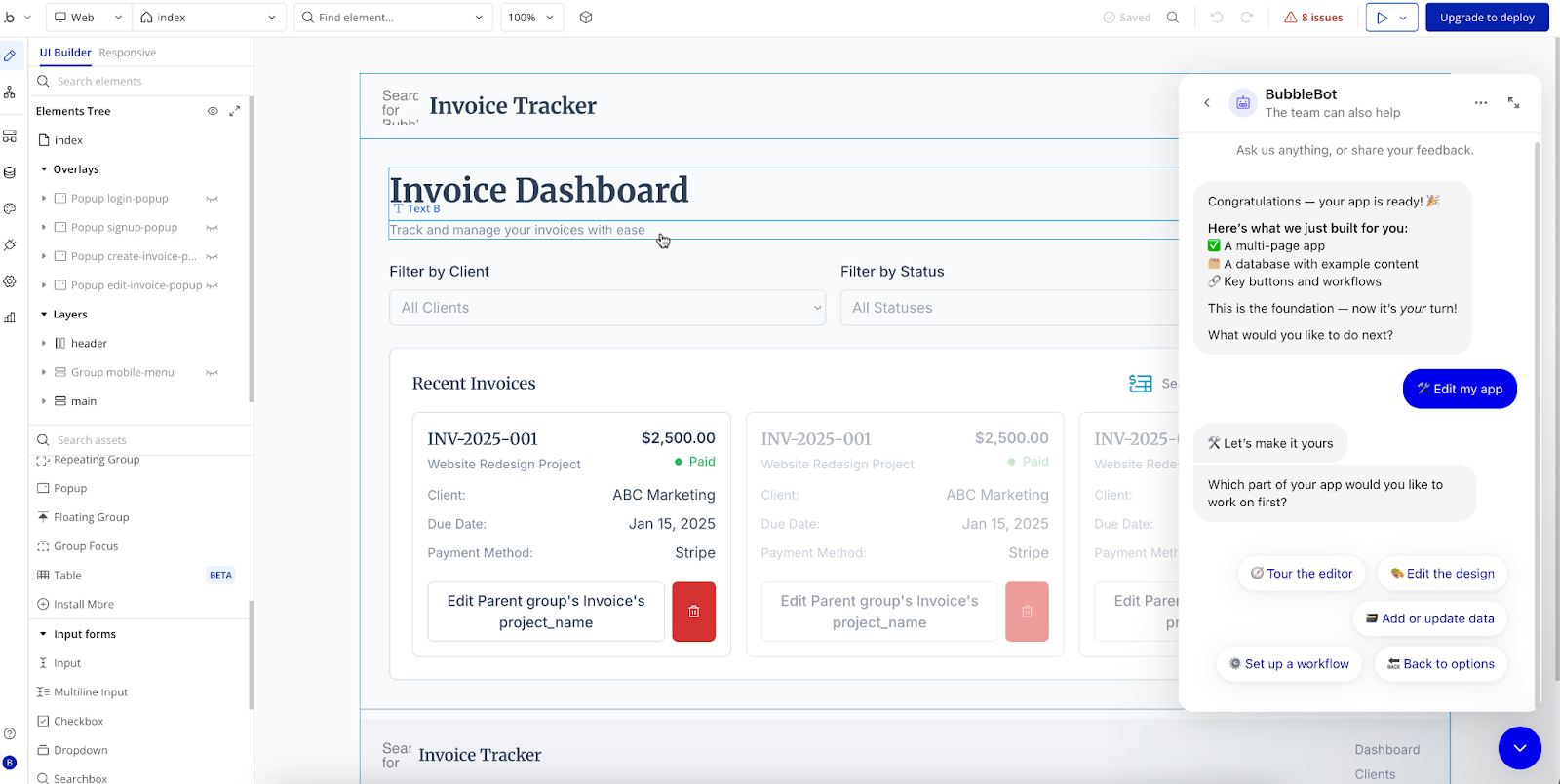 Viewing the Invoice Tracker on Bubble