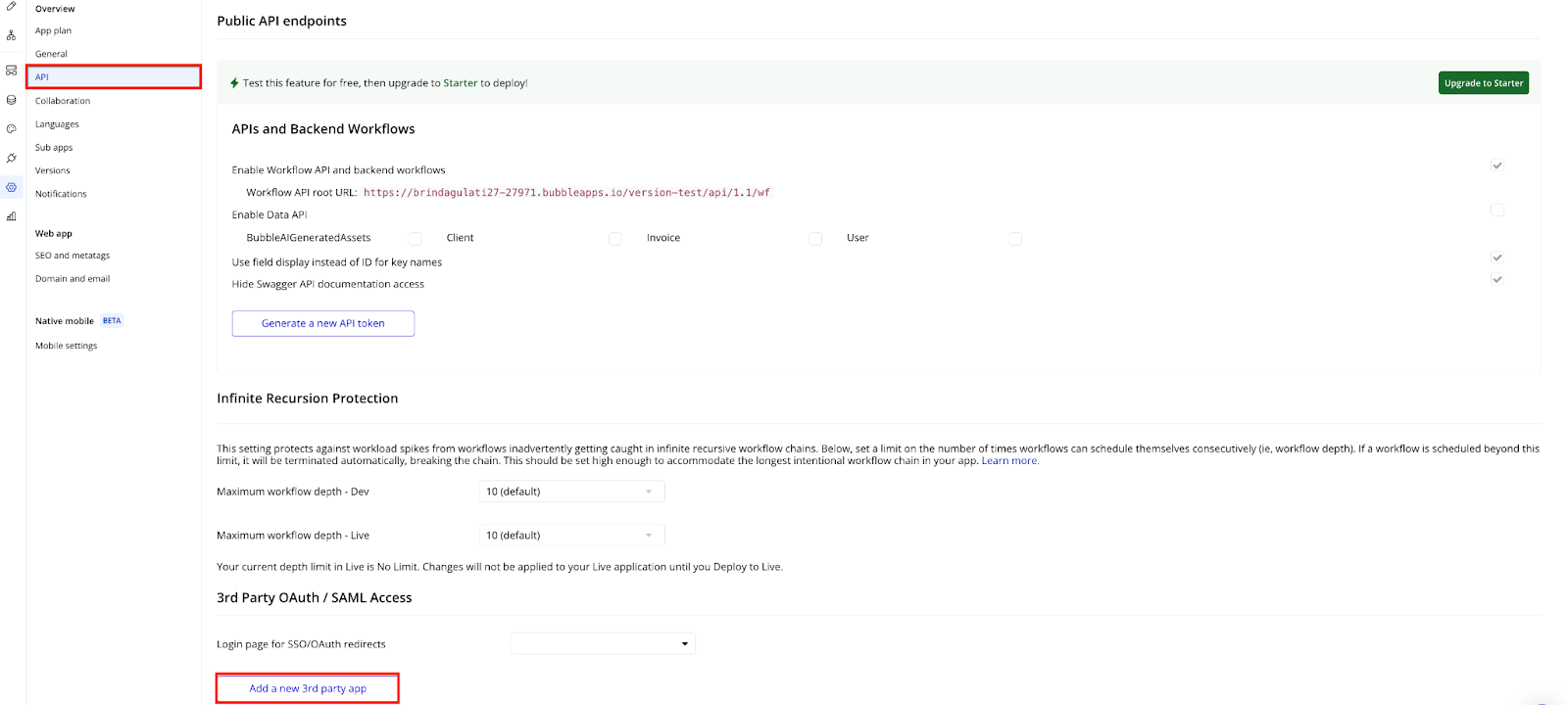 Viewing the API related options on Bubble