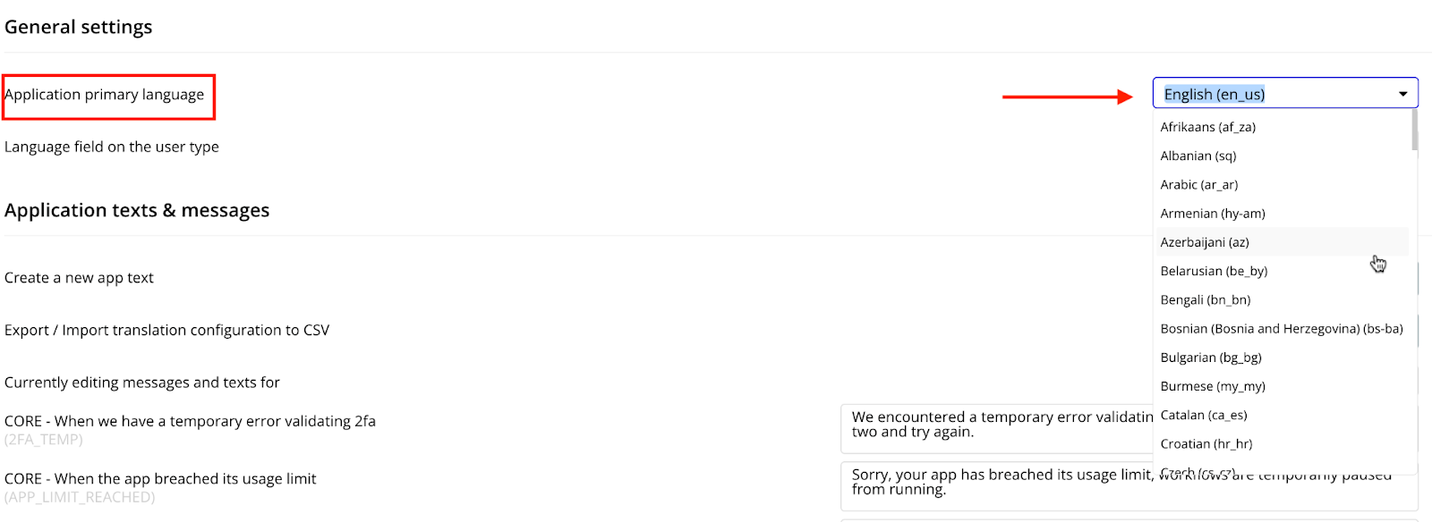 Viewing the application primary language options on Bubble