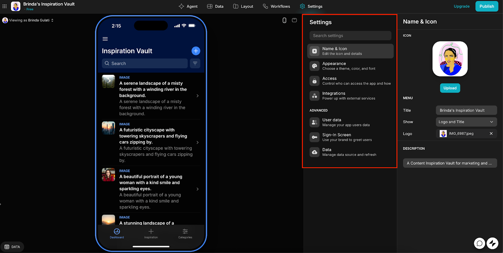 Viewing the Setting options of Glide