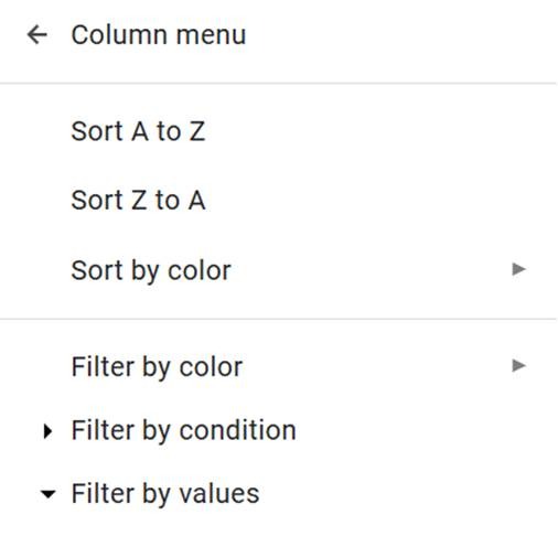 Google Sheets interface showing the "Create a filter" menu