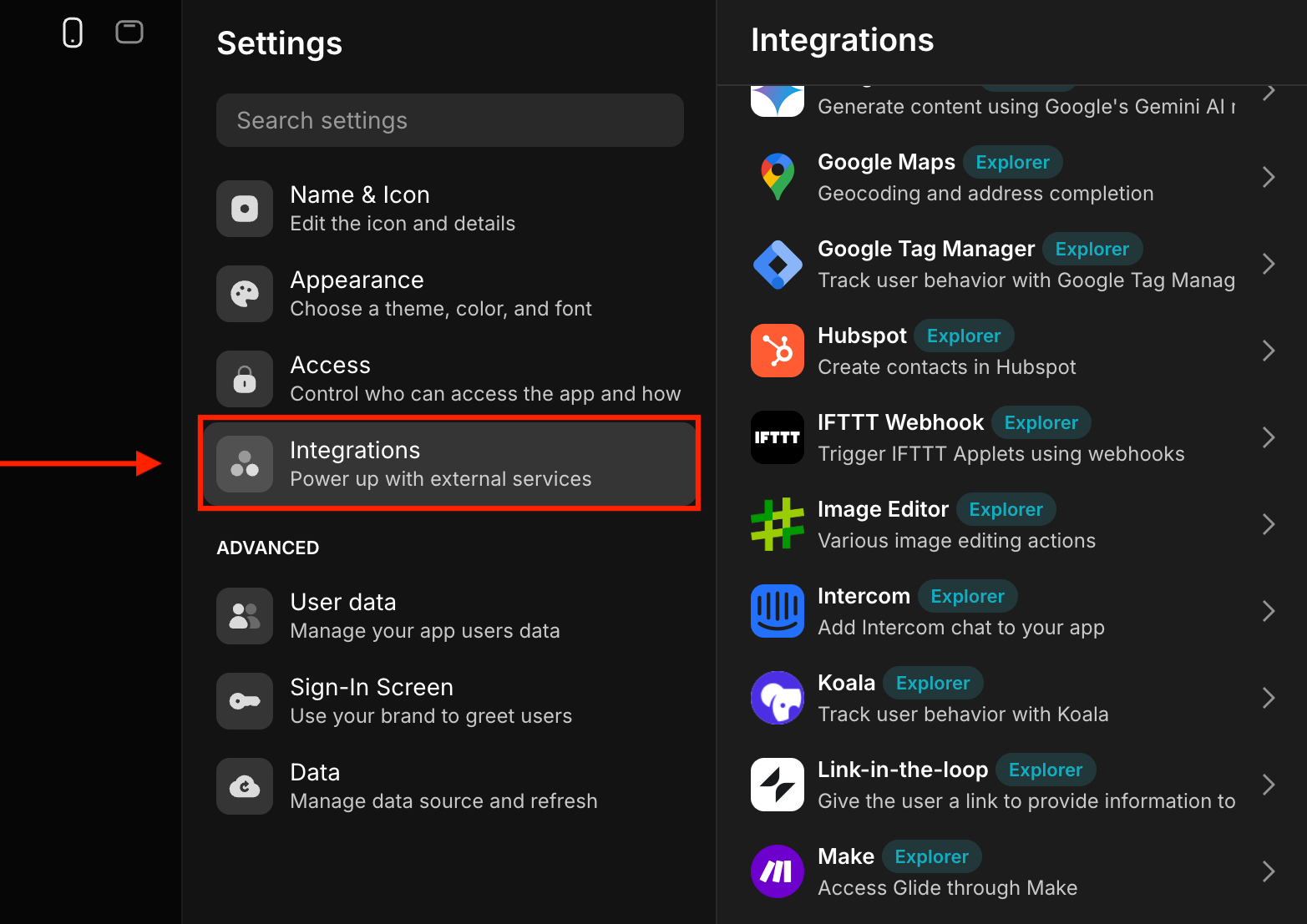 Clicking on the Integrations option under the Settings