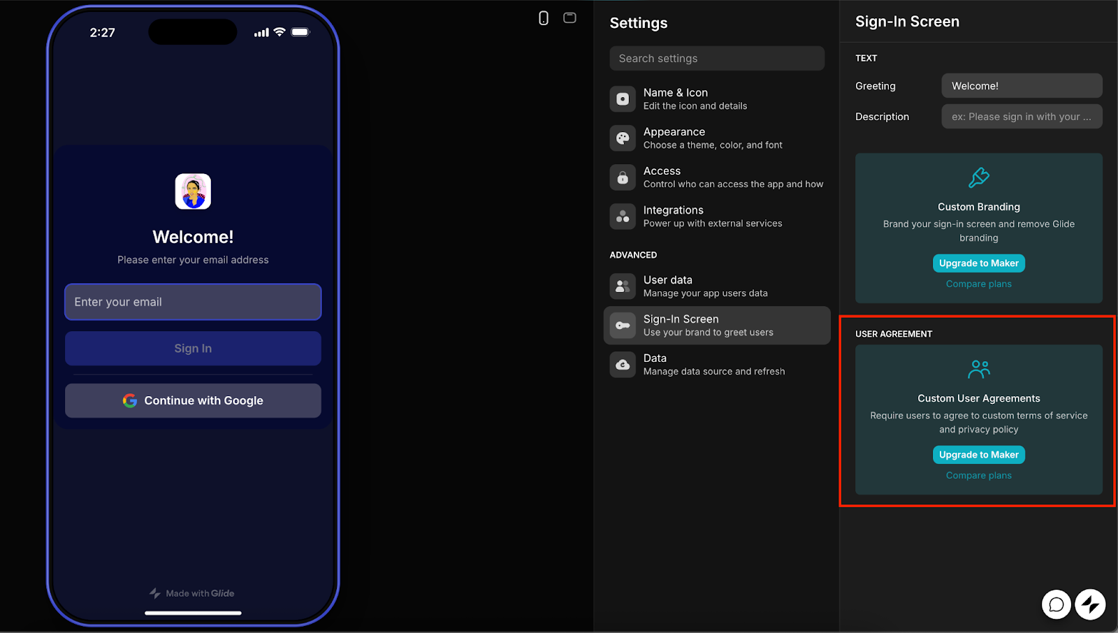 Highlighting the User Agreement under the Sign-In Screen window
