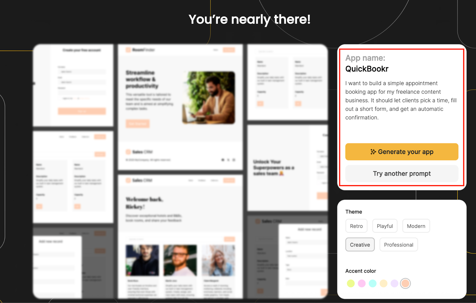 Softr Landing Page viewing the Generate your app and Try another prompt options