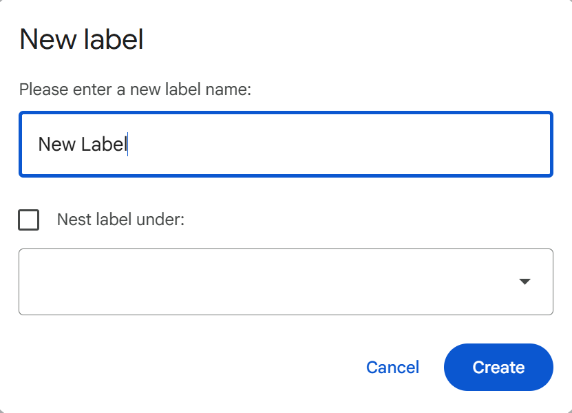 Gmail New Label Creation Box Create Button