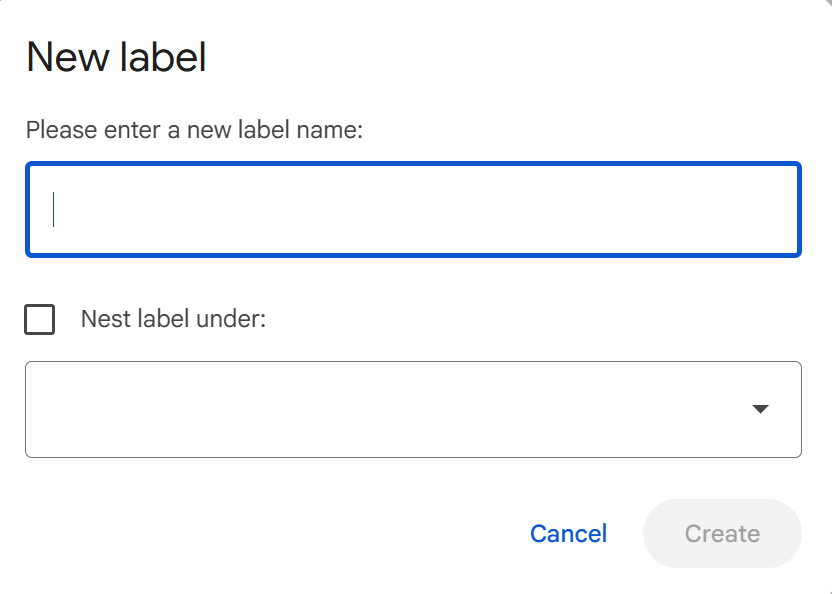 Gmail New Label Creation Box