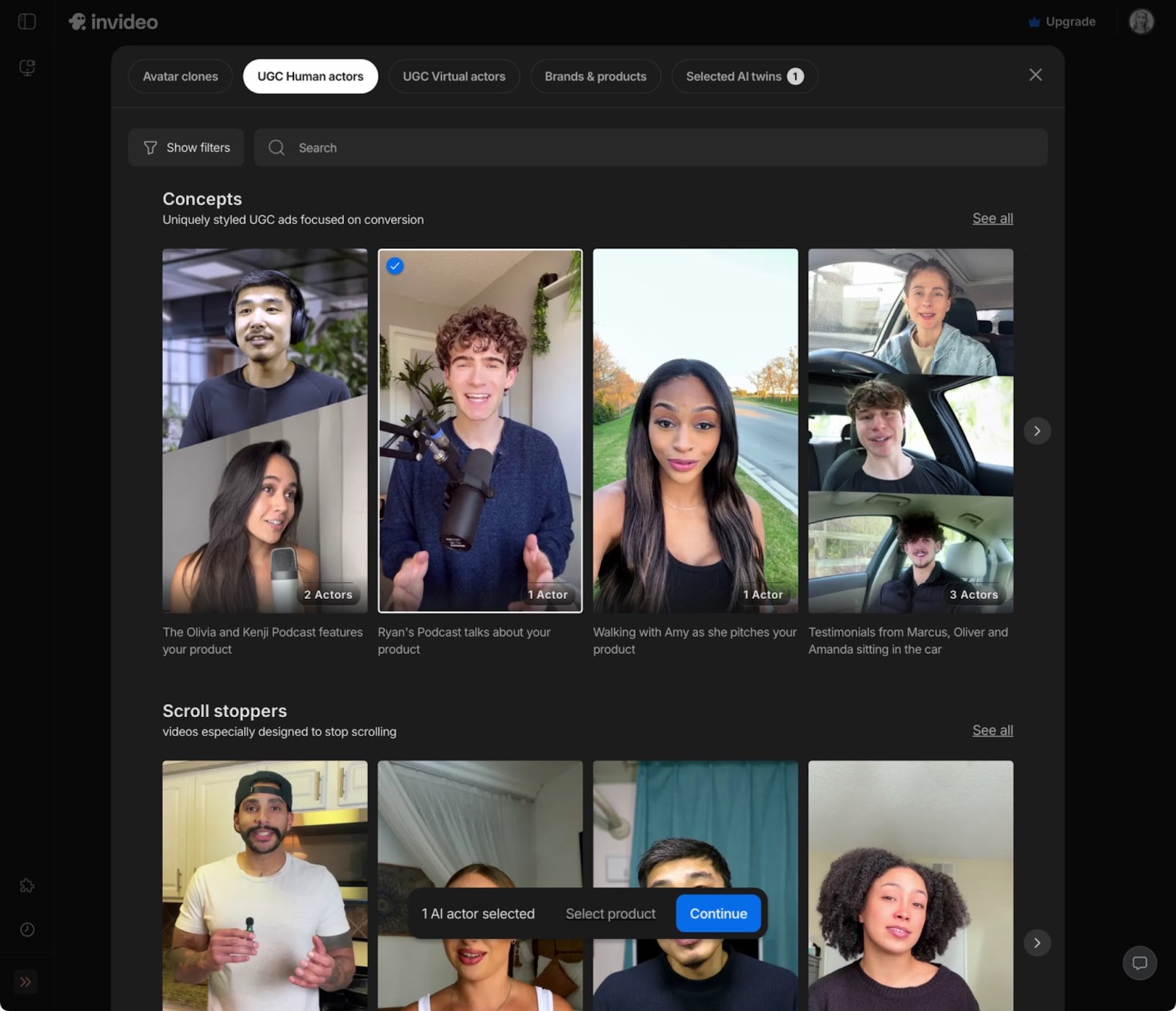 Interfaz de usuario de invideo AI