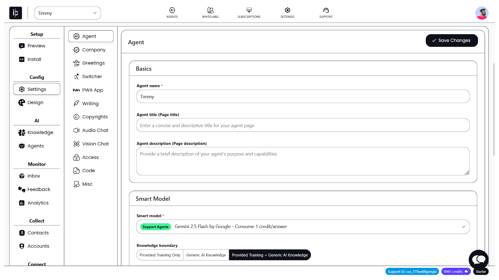 InsertChat product interface screenshot showing the steps to train the AI agent