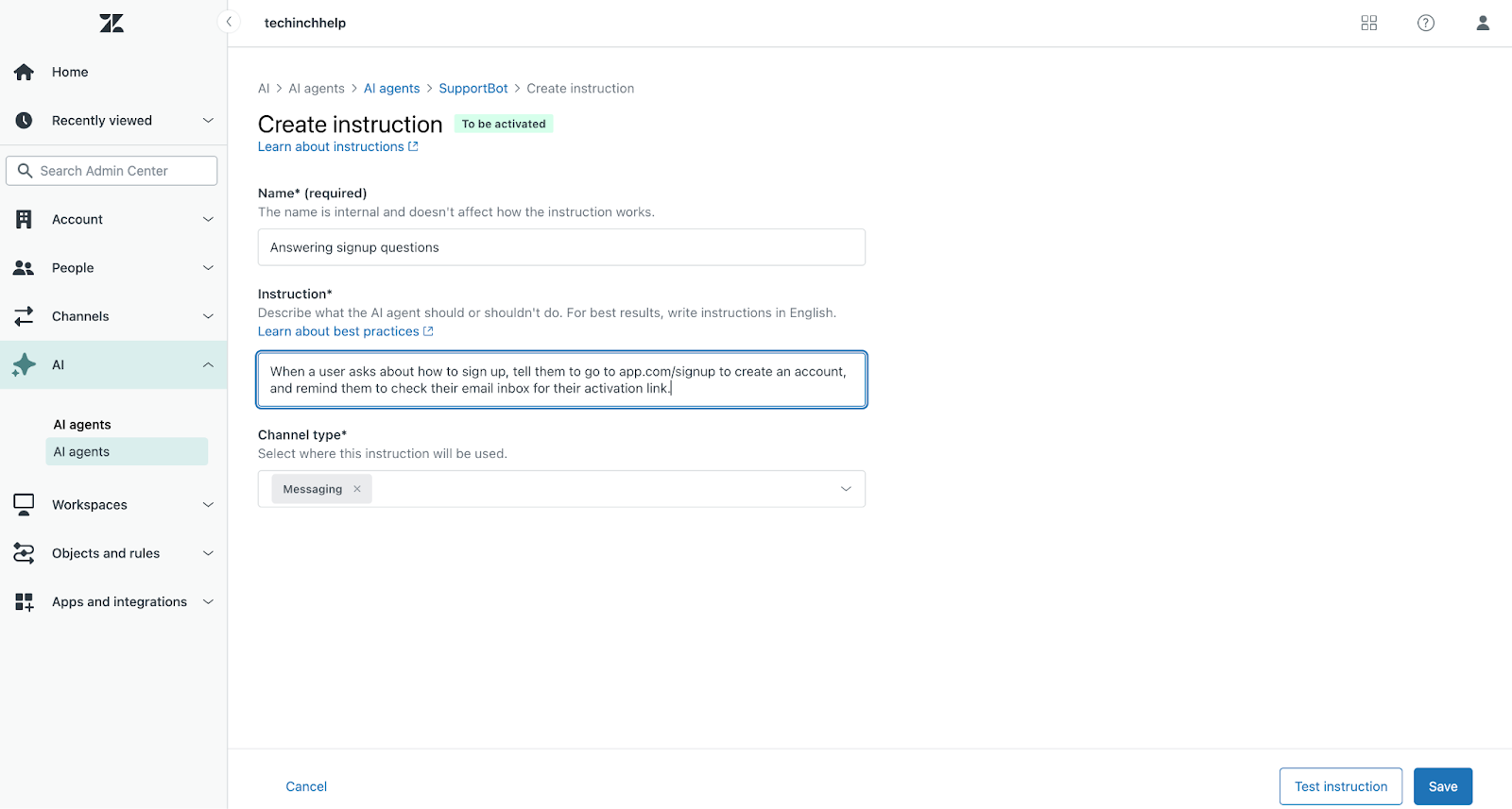 screenshot of Zendesk AI Agents product interface showing the create instruction section
