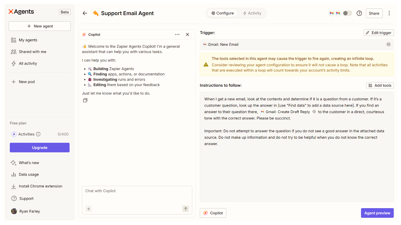 screenshot of zapier agents product interface showing instructions to follow and the agent training section