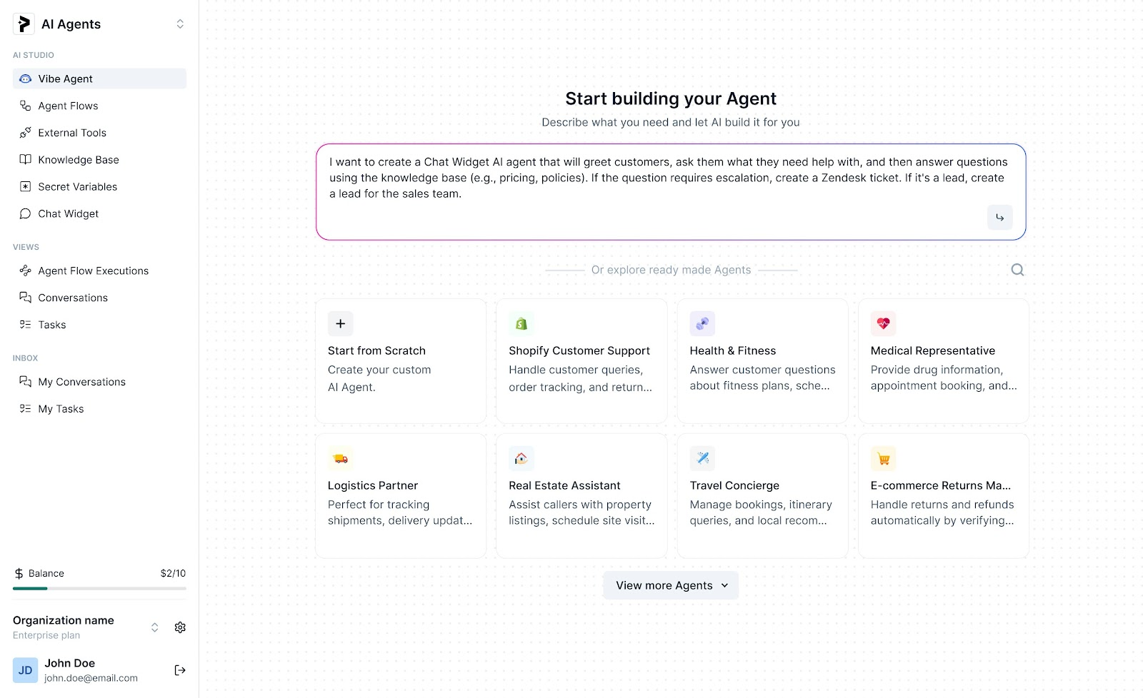 Plivo product interface screenshot showing the builder page of AI Agent