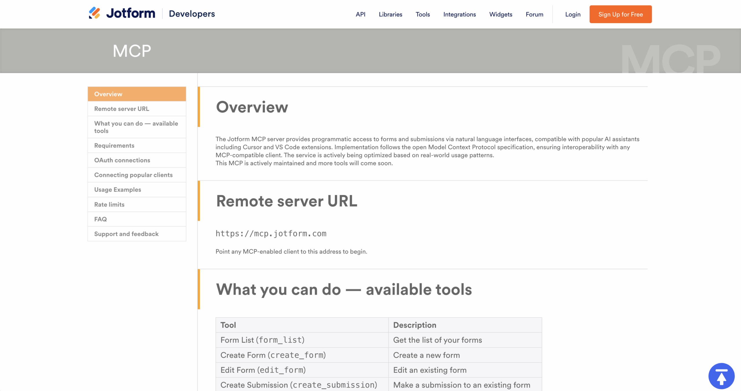 Jotform Developers MCP Page