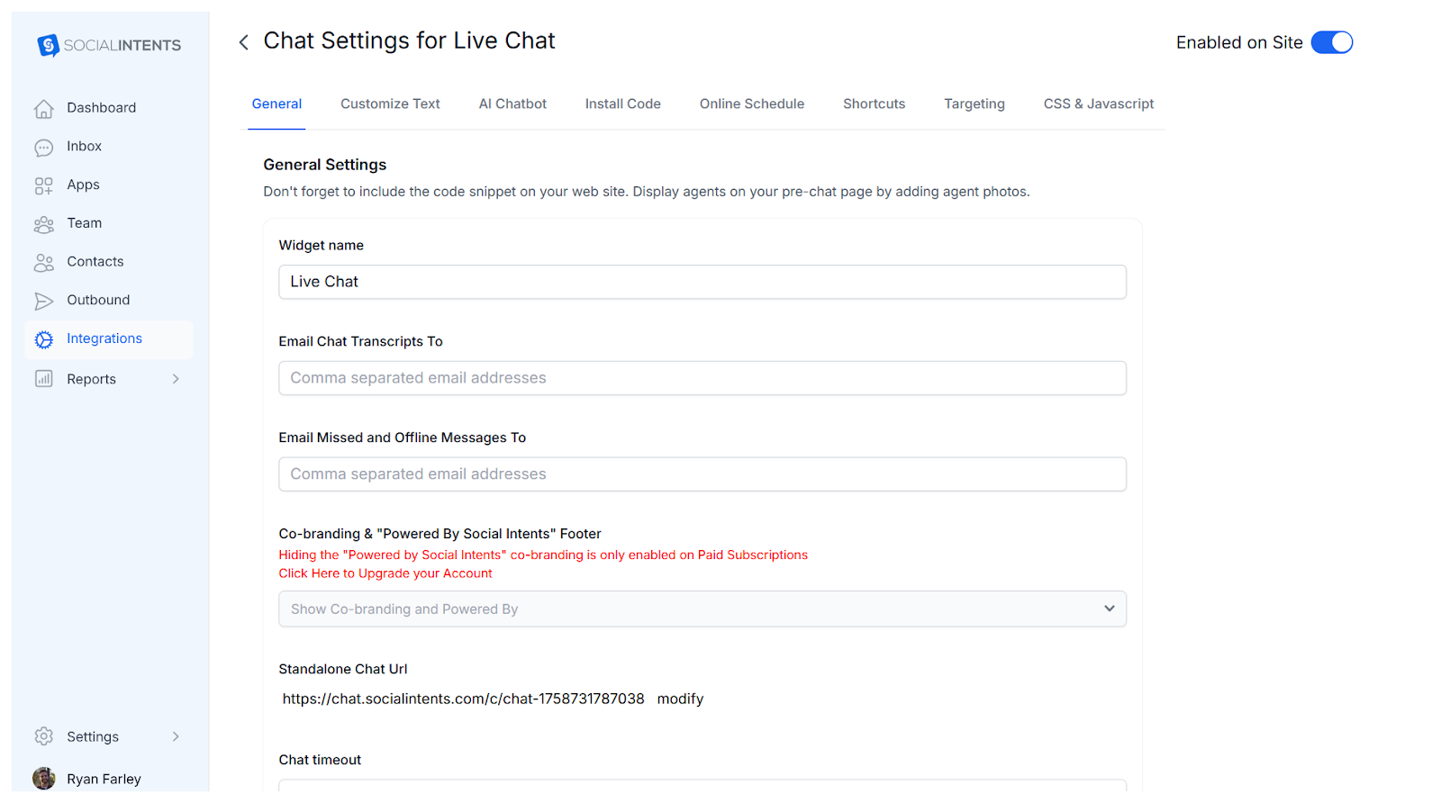 screenshot of social intents product interface showing the integrations settings page
