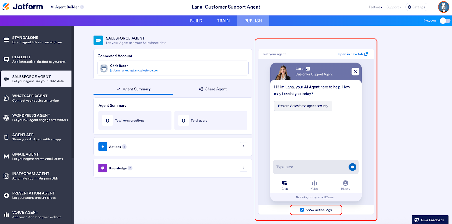Highlighting the area to test the agent on the Salesforce Agent page