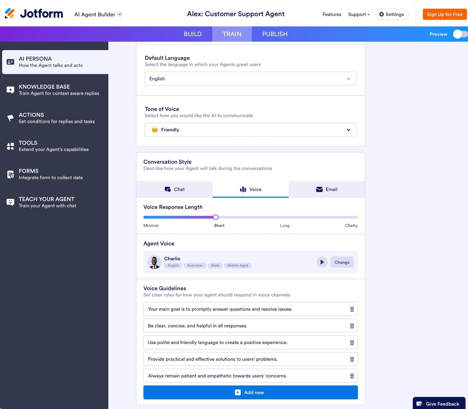 Viewing the AI Persona tab on the Jotform AI Agent Builder 