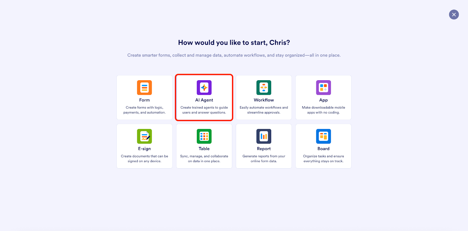 Selecting the AI Agent option on the Jotform Workspace