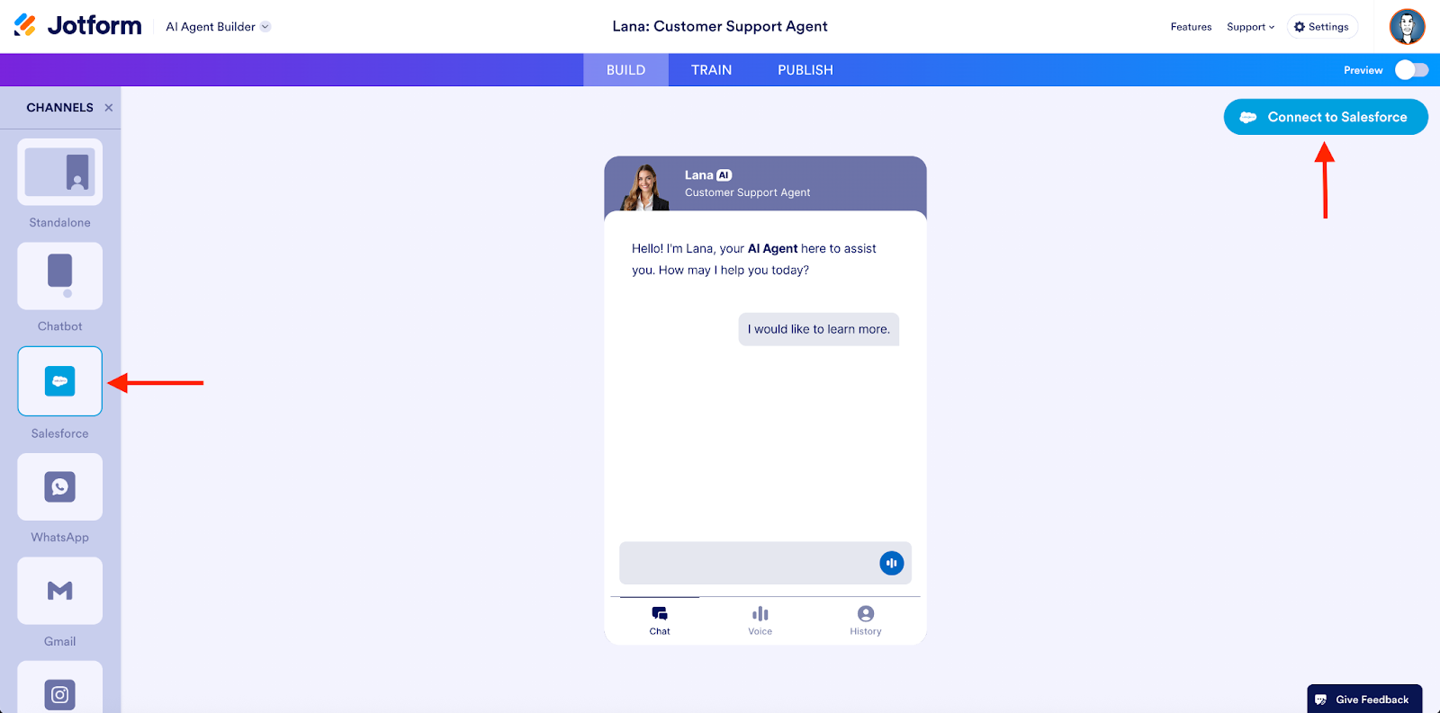Selecting Salesforce Agent option on the AI Agent Builder page