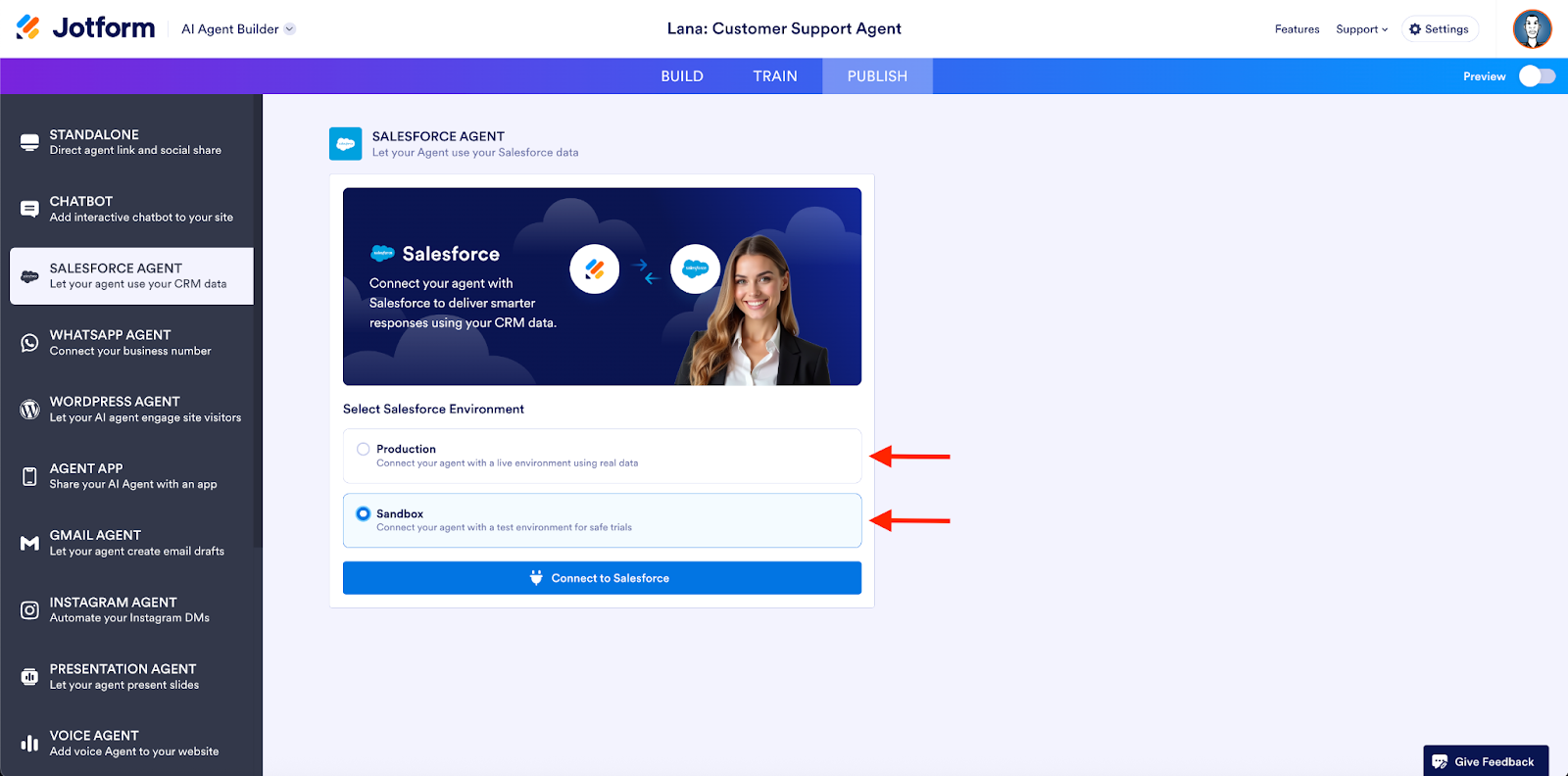 Viewing the Production and the Sandbox options under Select Salesforce Environment on the Salesforce Agent page