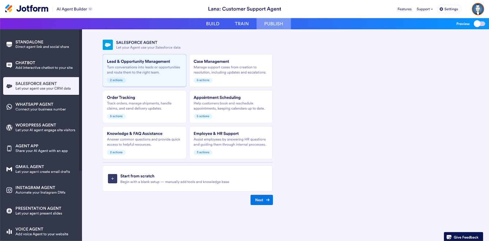 Viewing the options on the Salesforce Agent page