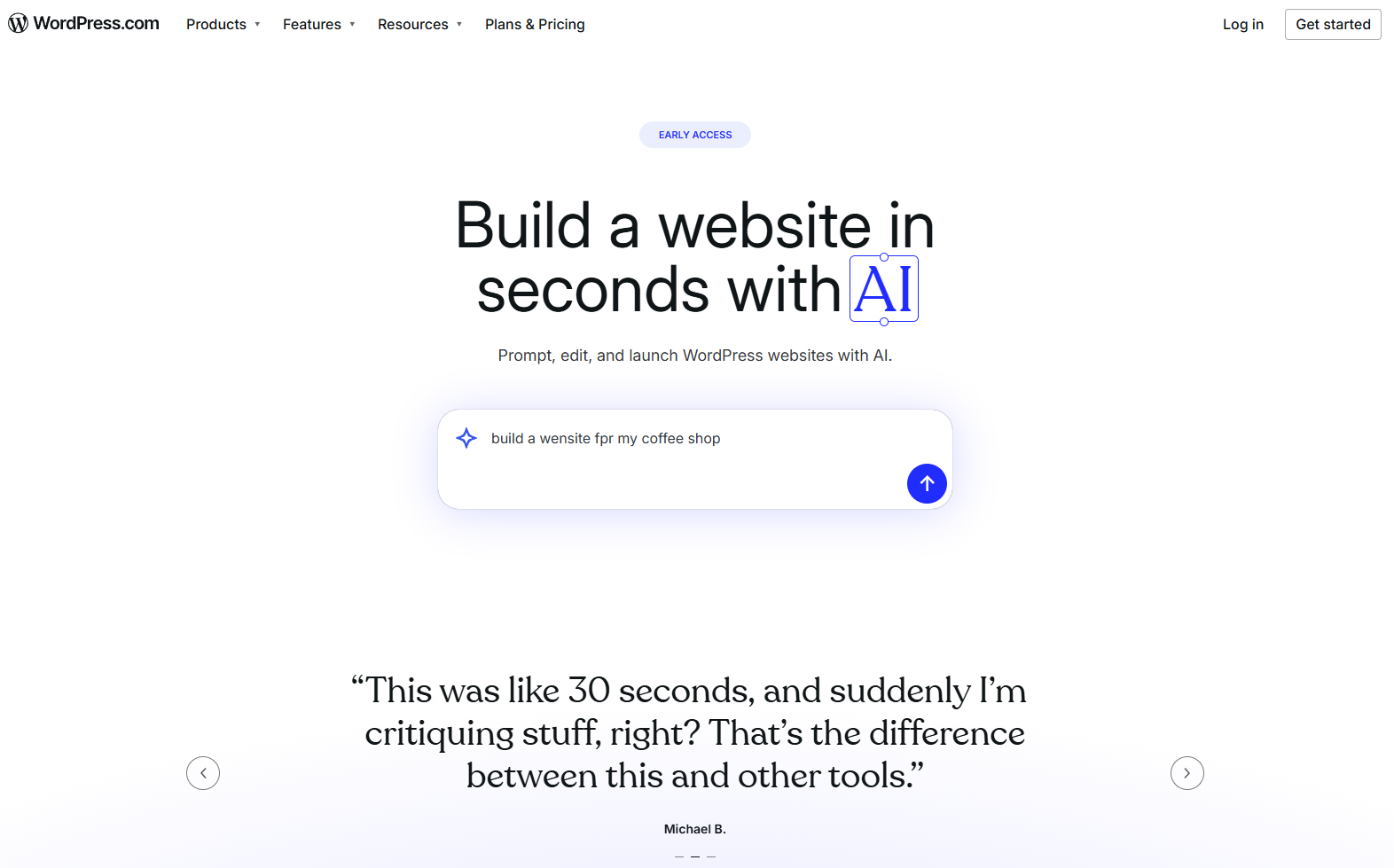 screenshot of wordpress website homepage with the words build a website in seconds with AI
