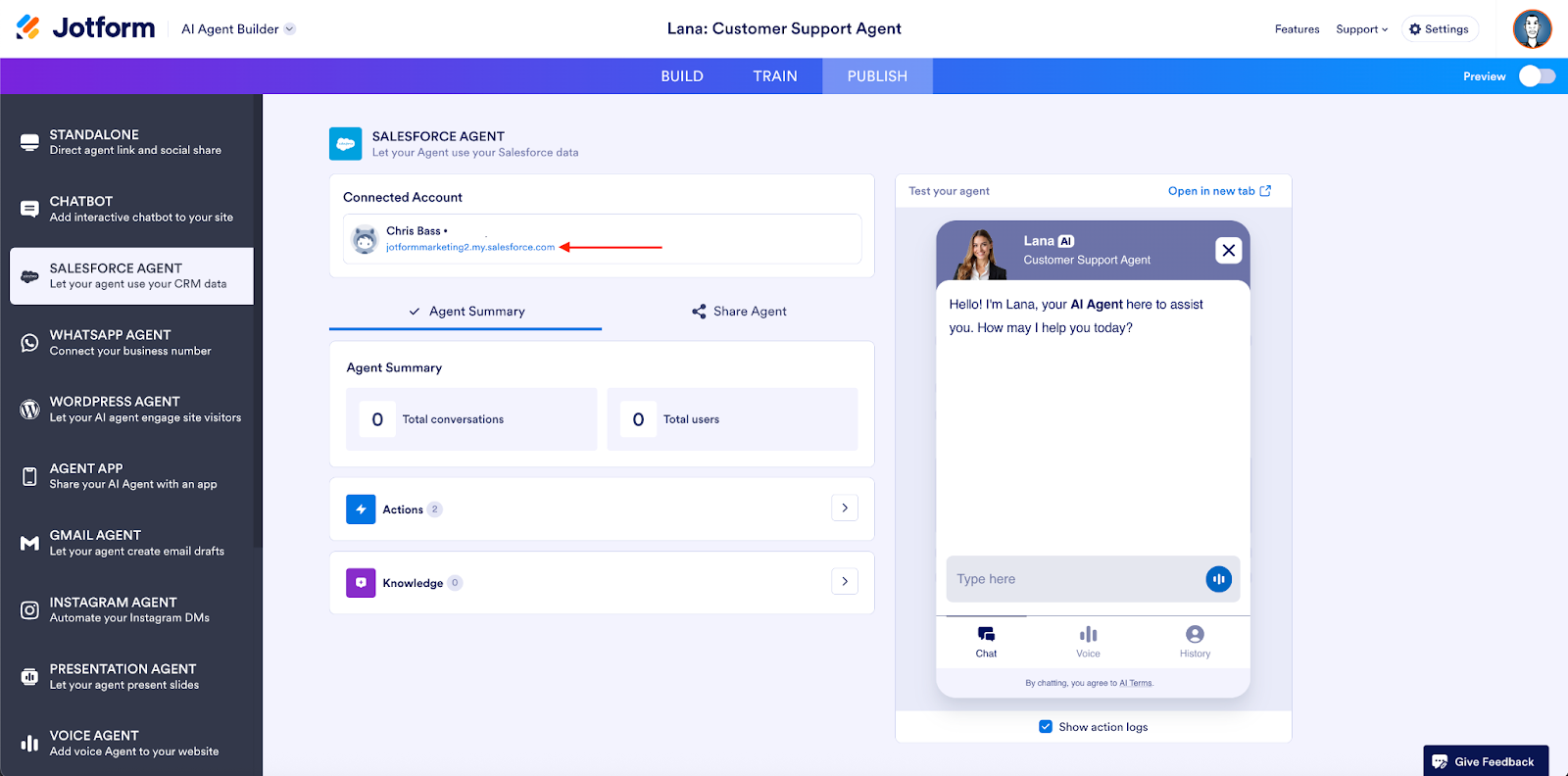 Viewing the connected account on the Salesforce Agent page