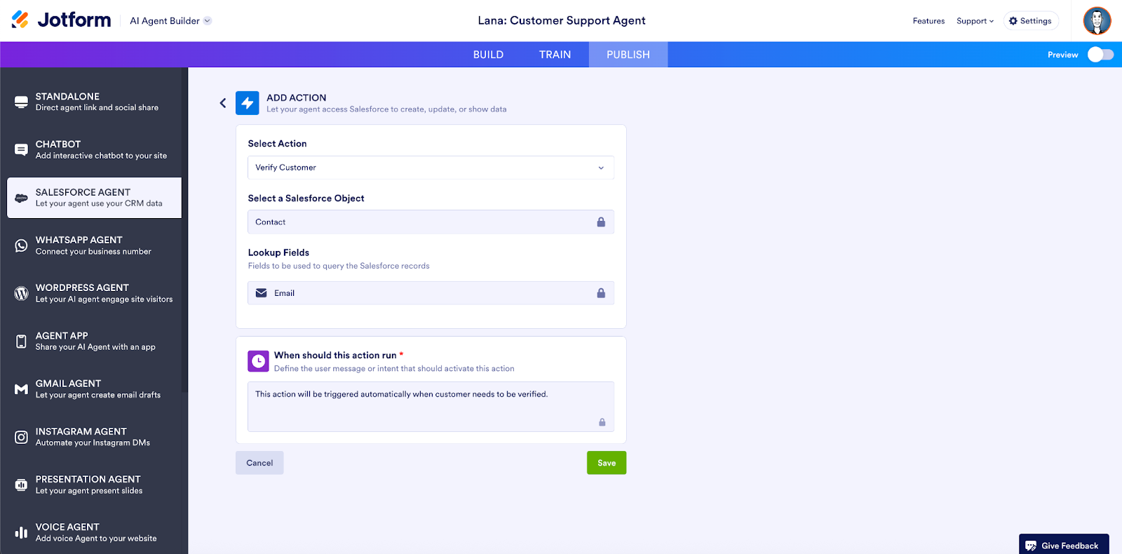 Viewing the Salesforce Agent Add Action page