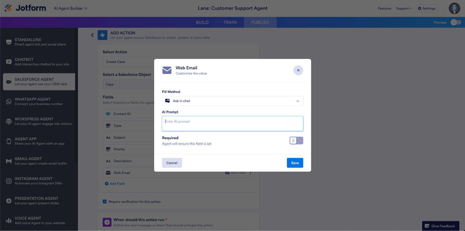 Viewing the Web Email window on the Add Action page