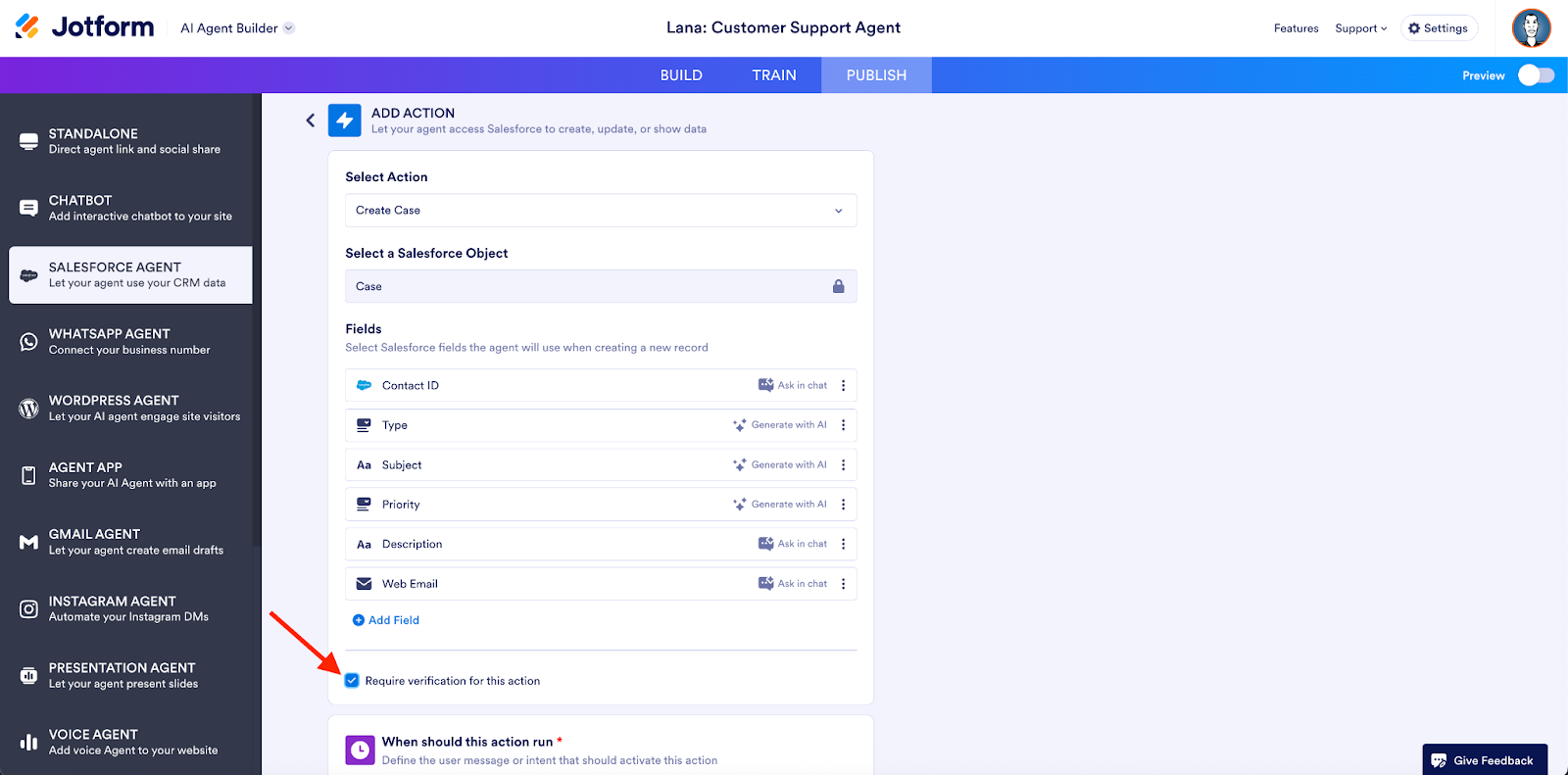 Checking the "Require verification for this action" box on the Add Action page