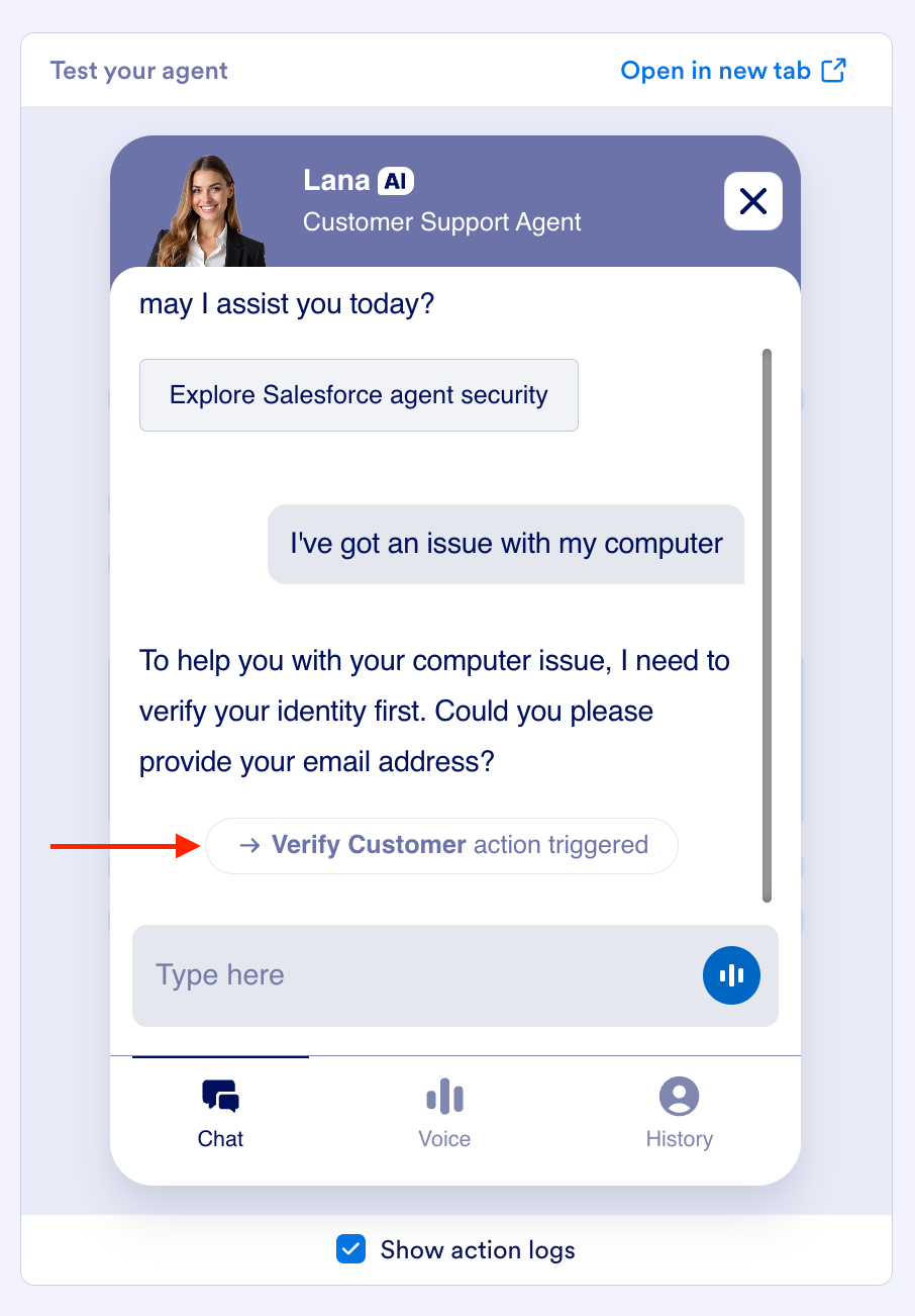 Highlighting the Verify Customer action triggered option on the Test your agent field