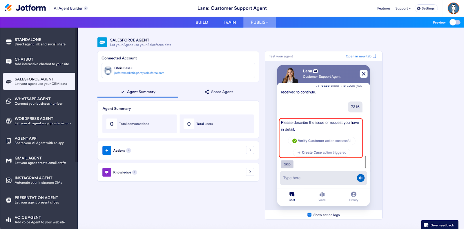 Highlighting a chat requesting 2FA verification code on the Test your agent field