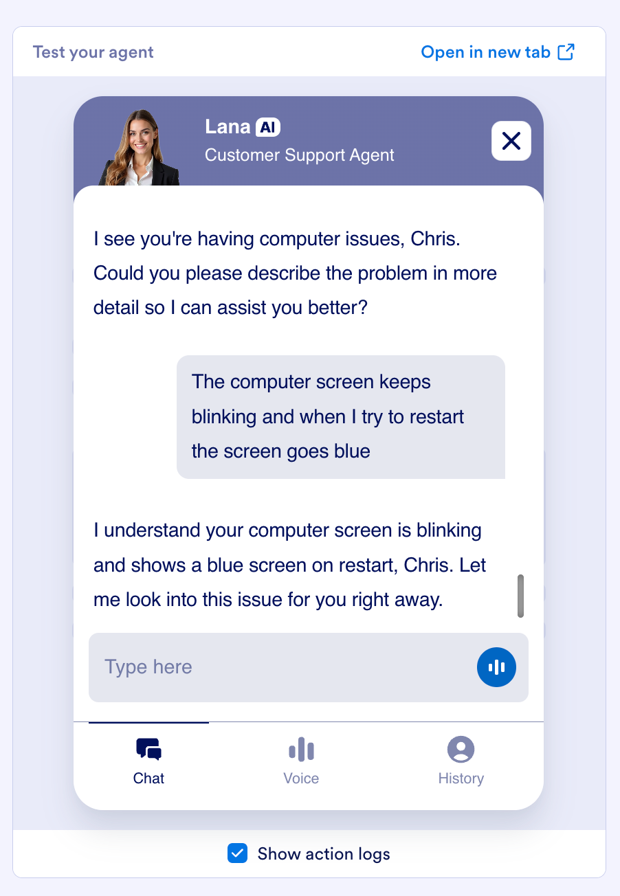 Viewing the Test you agent field, agent tells that they’re looking into the issue