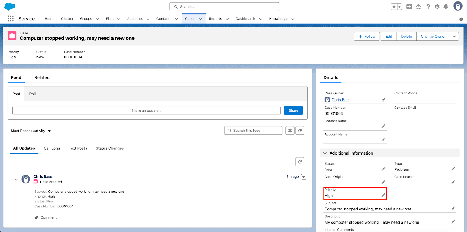 Viewing the Priority as High under the Details tab on Salesforce