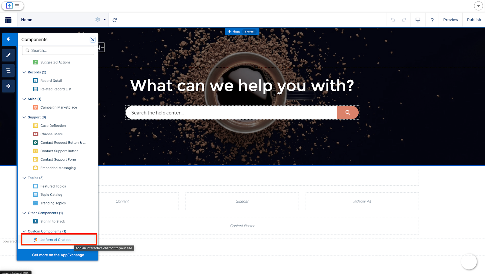 Clicking on the Jotform AI Chatbot option under the Custom Components