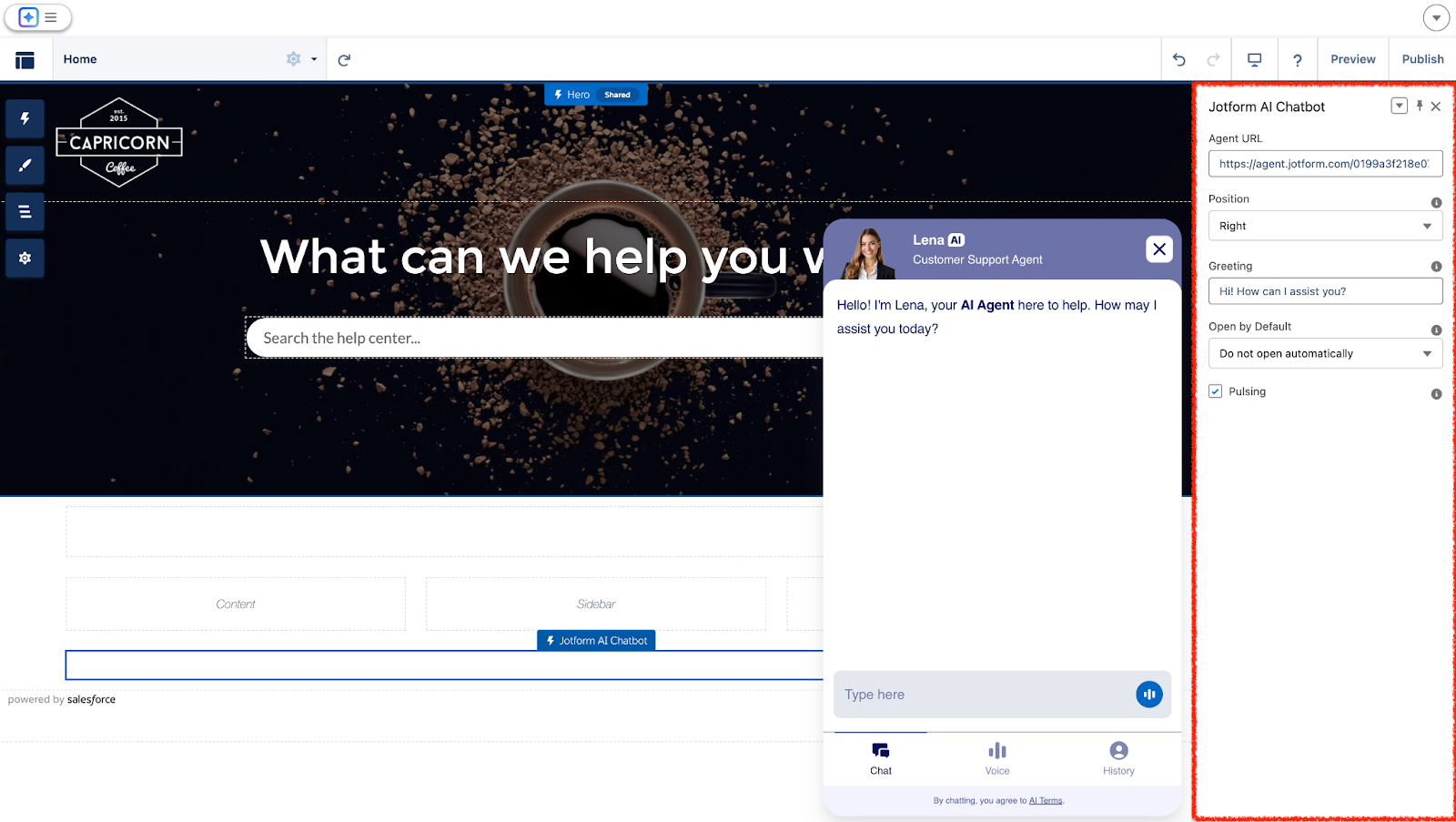 Viewing the Jotform AI Chatbot panel on Salesforce
