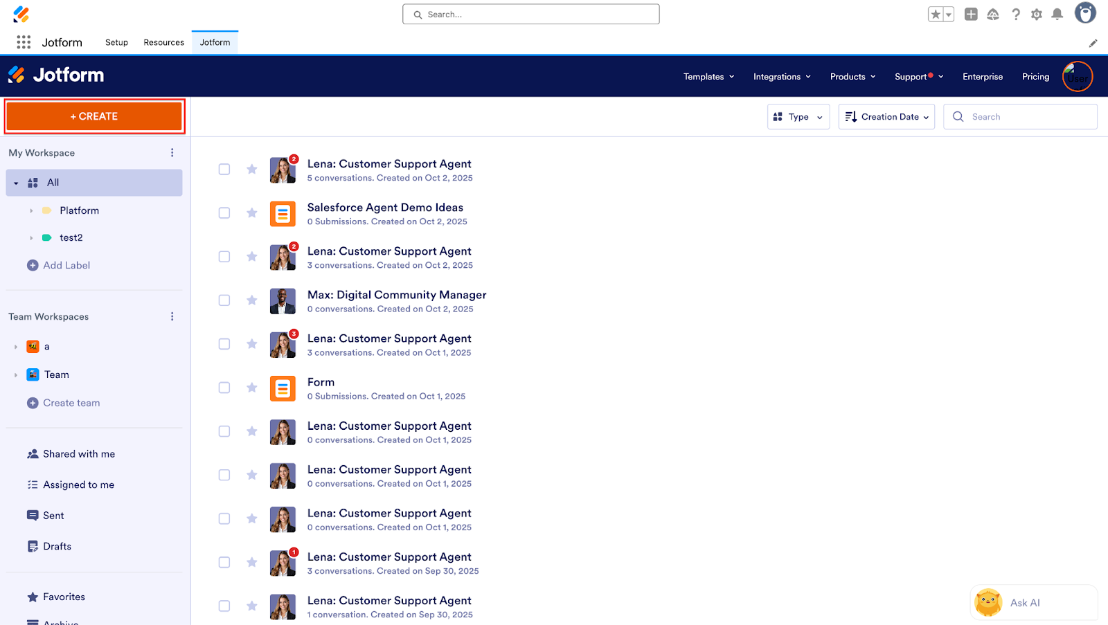 Clicking on the Create button on Jotform for Salesforce