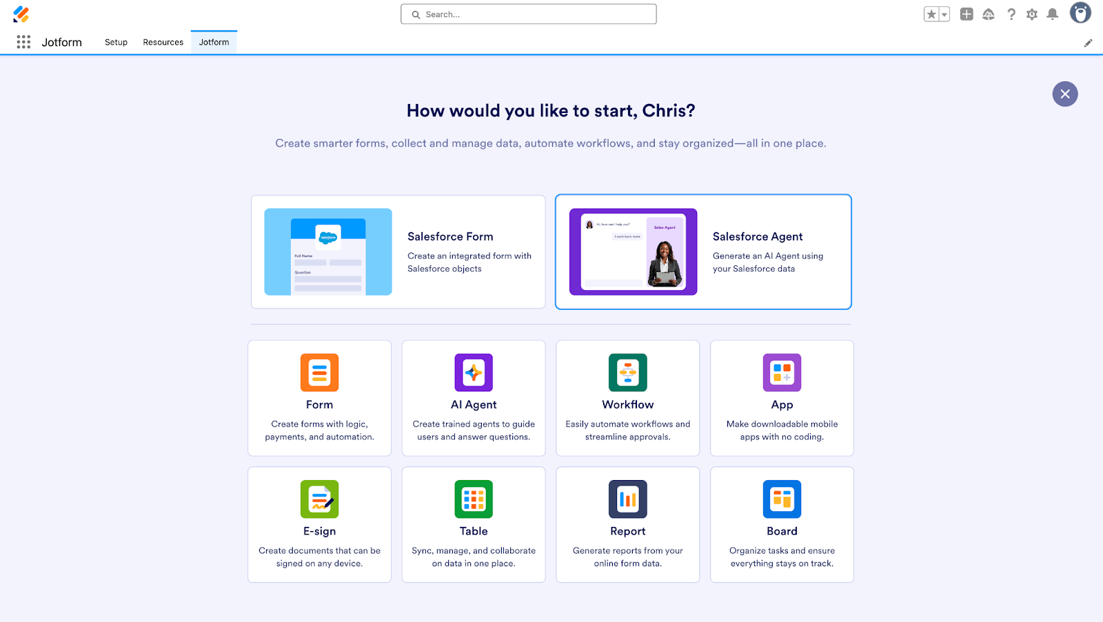 Clicking on the Salesforce Agent option on Jotform for Salesforce